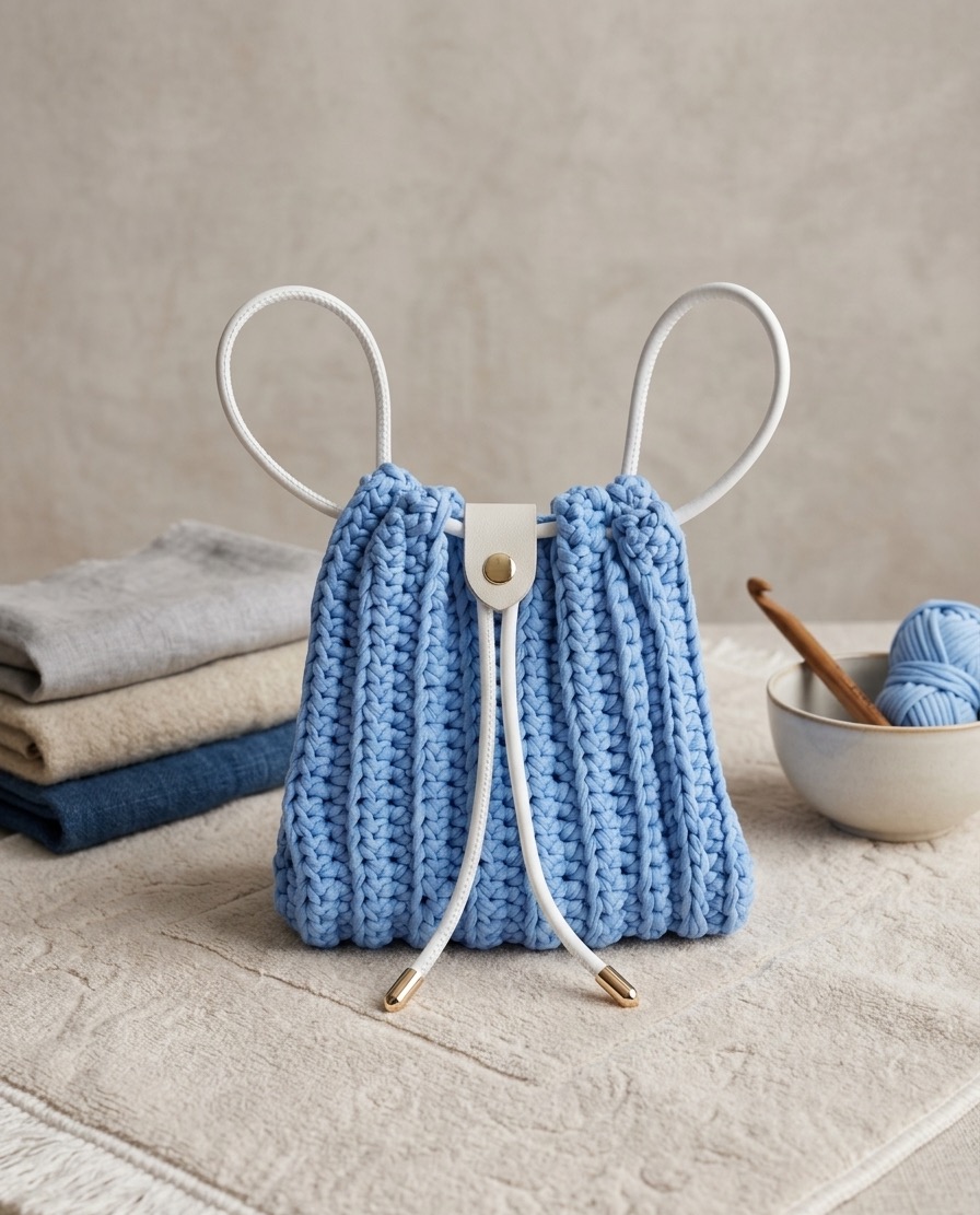 Ručno heklana plava torba sa vunom i kukicom