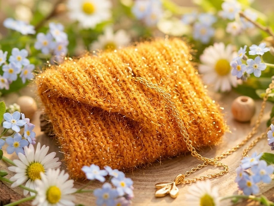 Zlatna heklana clutch torbica sa zlatnim lancem